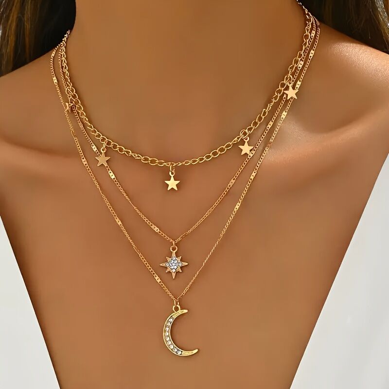 An elegant star, crescent, and sparkle rhinestone-embedded collarbone necklace, a multi-layer pendant necklace for women, perfect for daily wear and a versatile gift.