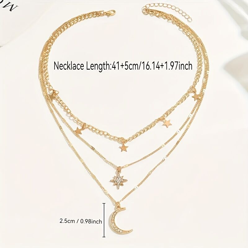 An elegant star, crescent, and sparkle rhinestone-embedded collarbone necklace, a multi-layer pendant necklace for women, perfect for daily wear and a versatile gift.