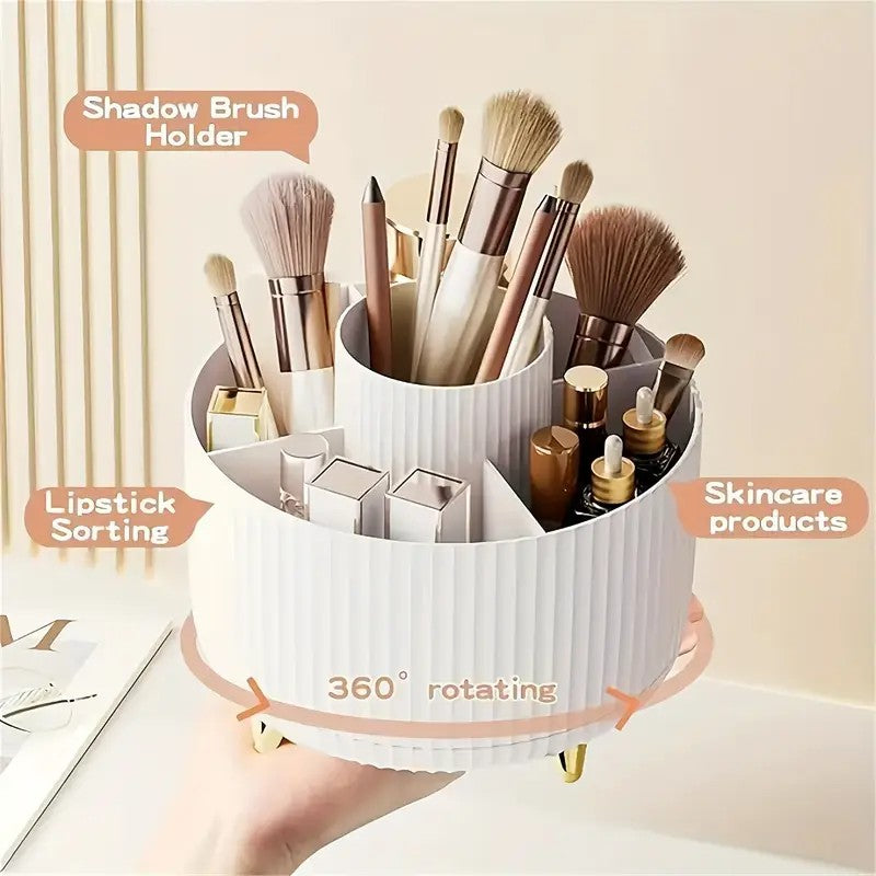 360° Rotating Multi-Compartment Makeup Brush Holder: Luxurious Vertical Texture with Golden Feet Design, Scientifically Organized Storage, One Cylinder to Tidy Your Vanity Table.(Black)