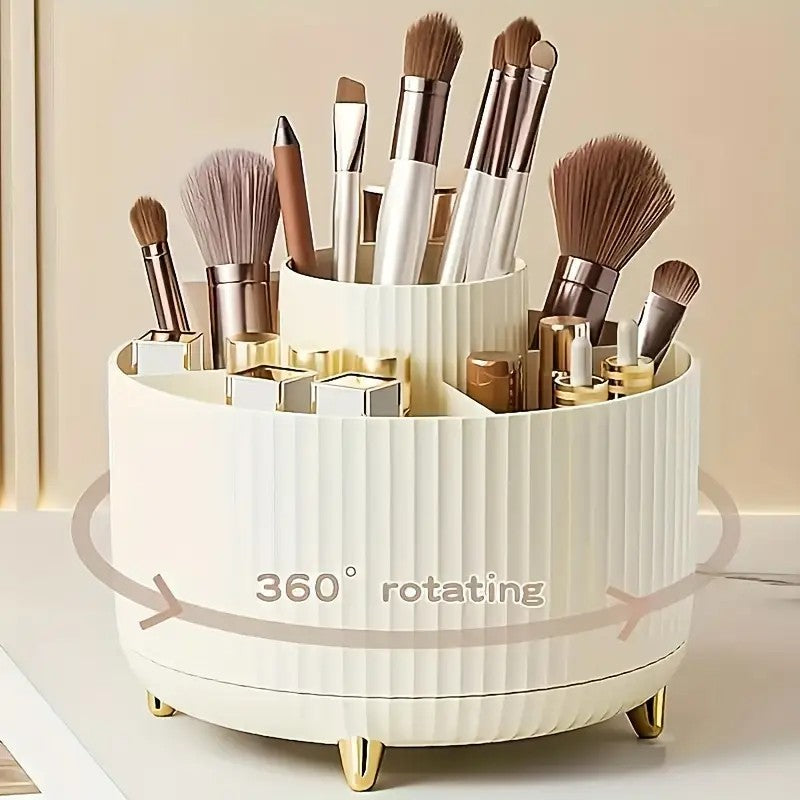 360° Rotating Multi-Compartment Makeup Brush Holder: Luxurious Vertical Texture with Golden Feet Design, Scientifically Organized Storage, One Cylinder to Tidy Your Vanity Table.(Black)