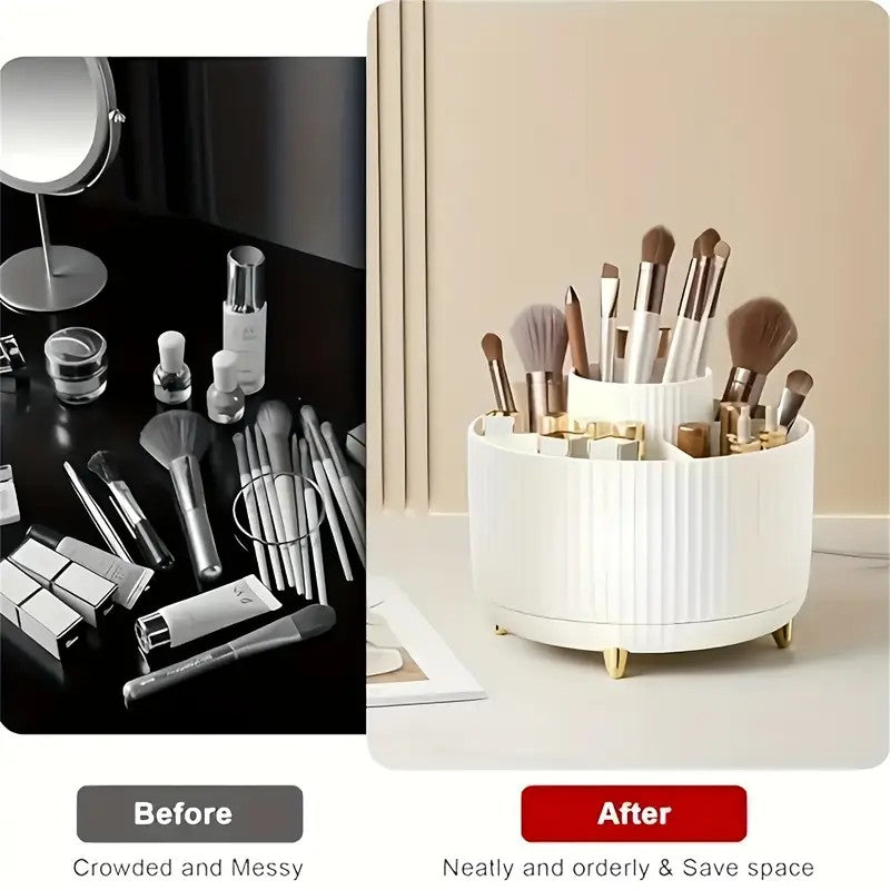 360° Rotating Multi-Compartment Makeup Brush Holder: Luxurious Vertical Texture with Golden Feet Design, Scientifically Organized Storage, One Cylinder to Tidy Your Vanity Table.(Green)