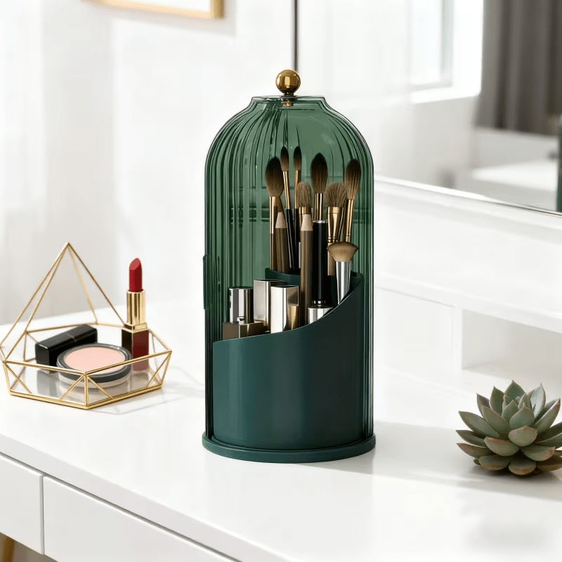 Transparent Rotating Makeup Brush Holder: 360° Rotation for Easy Access, Dust-Proof with Compartments, Neat and Portable(Transparent gray）