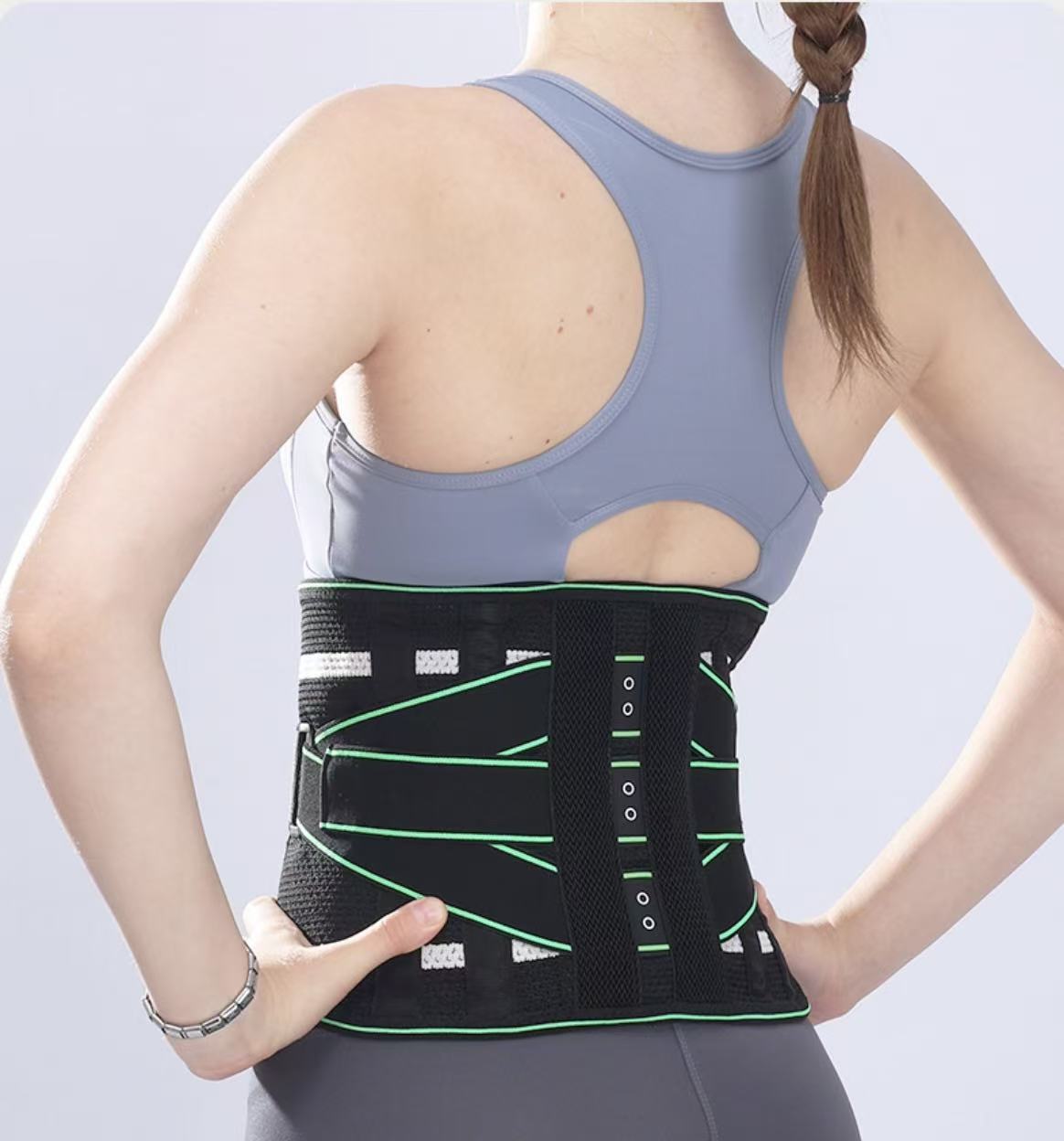 Lumbar Support Belt, featuring 8X Enhanced Lumbar Support, designed with a 3D massage pad, unisex back support strap, breathable and adjustable shoulder straps, available in green.（Size M）