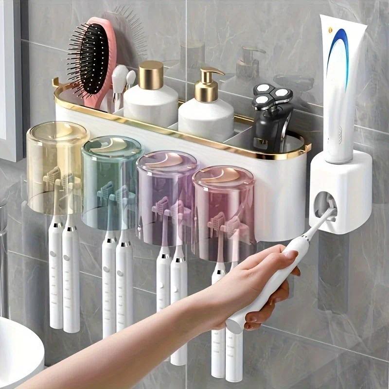4-in-1 White(four people) Wall-Mounted Toothbrush Holder | Toothbrush Storage/Toothpaste Dispenser/Storage Shelf/Anti-Mildew Drainage - Bathroom Organization Upgrade
