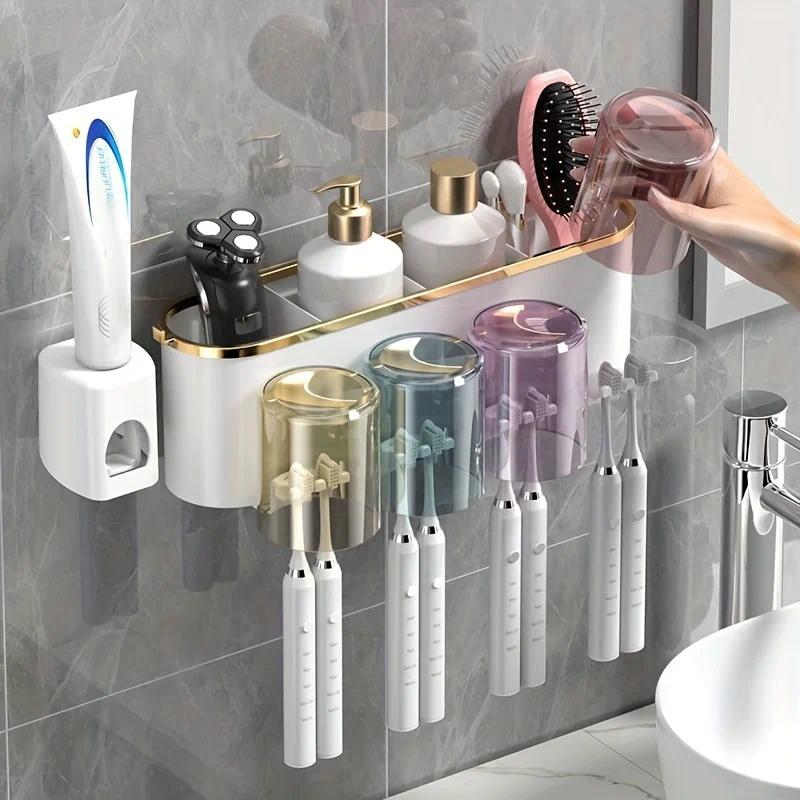4-in-1 White(four people) Wall-Mounted Toothbrush Holder | Toothbrush Storage/Toothpaste Dispenser/Storage Shelf/Anti-Mildew Drainage - Bathroom Organization Upgrade