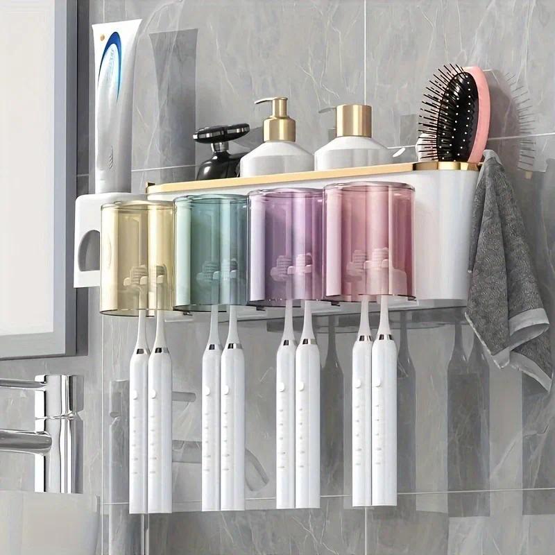 4-in-1 White(four people) Wall-Mounted Toothbrush Holder | Toothbrush Storage/Toothpaste Dispenser/Storage Shelf/Anti-Mildew Drainage - Bathroom Organization Upgrade