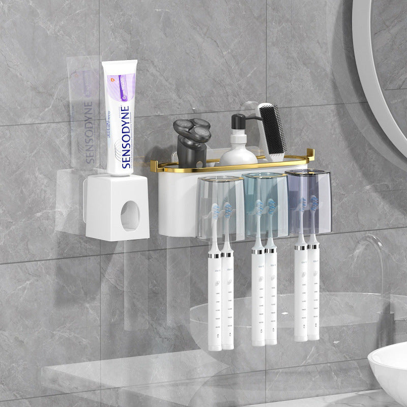 4-in-1White(three people) Wall-Mounted Toothbrush Holder | Toothbrush Storage/Toothpaste Dispenser/Storage Shelf/Anti-Mildew Drainage - Bathroom Organization Upgrade
