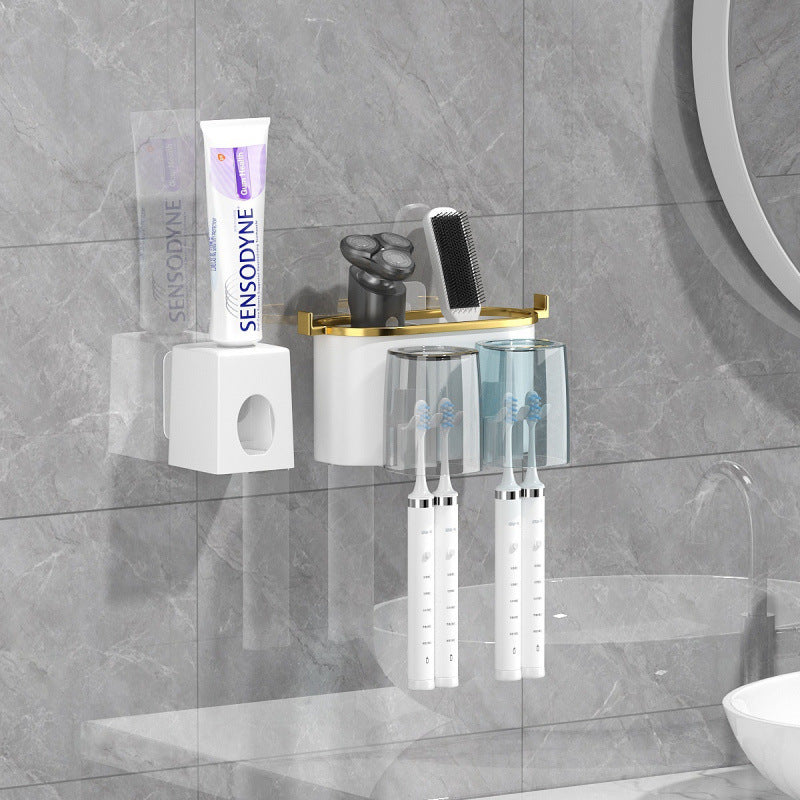 4-in-1White(three people) Wall-Mounted Toothbrush Holder | Toothbrush Storage/Toothpaste Dispenser/Storage Shelf/Anti-Mildew Drainage - Bathroom Organization Upgrade