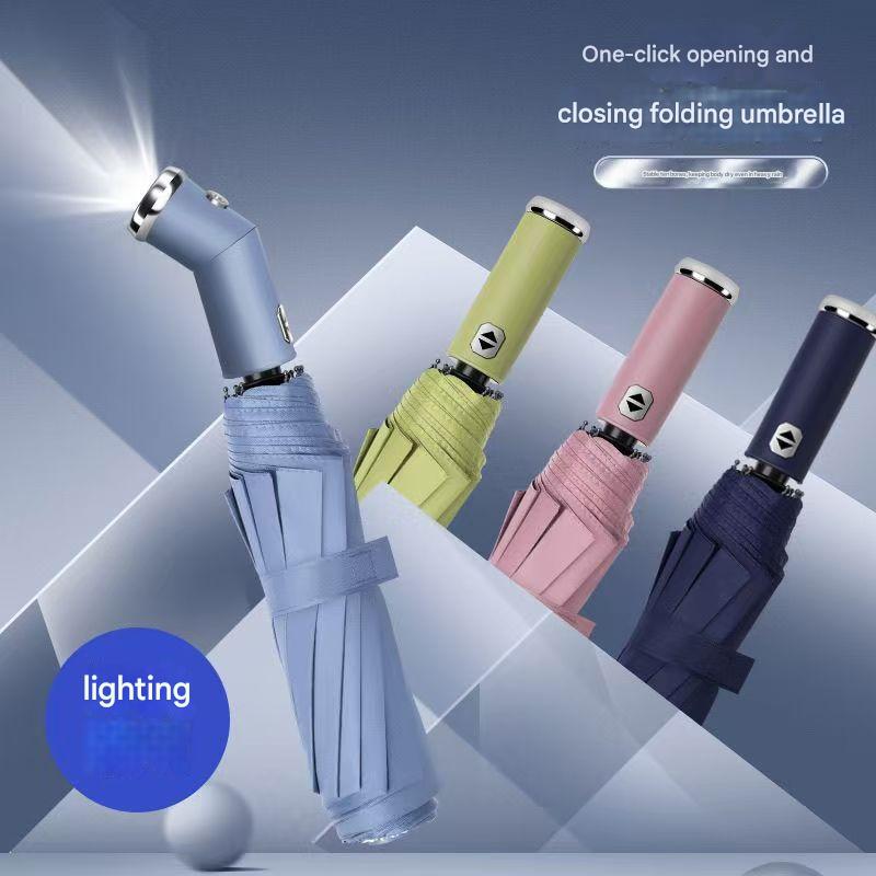 Thickened Black Coating Flashlight Umbrella: 10-rib navy blue dual-purpose umbrella, 106cm large diameter, 0.48kg lightweight with UV protection, lotus leaf water-repellent and black steel frame for durability.