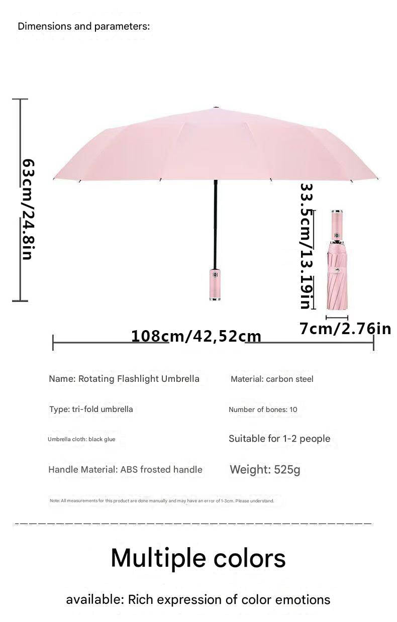 Thickened Black Coating Flashlight Umbrella: 10-rib navy blue dual-purpose umbrella, 106cm large diameter, 0.48kg lightweight with UV protection, lotus leaf water-repellent and black steel frame for durability.