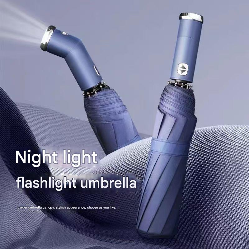 Thickened Black Coating Flashlight Umbrella: 10-rib navy blue dual-purpose umbrella, 106cm large diameter, 0.48kg lightweight with UV protection, lotus leaf water-repellent and black steel frame for durability.