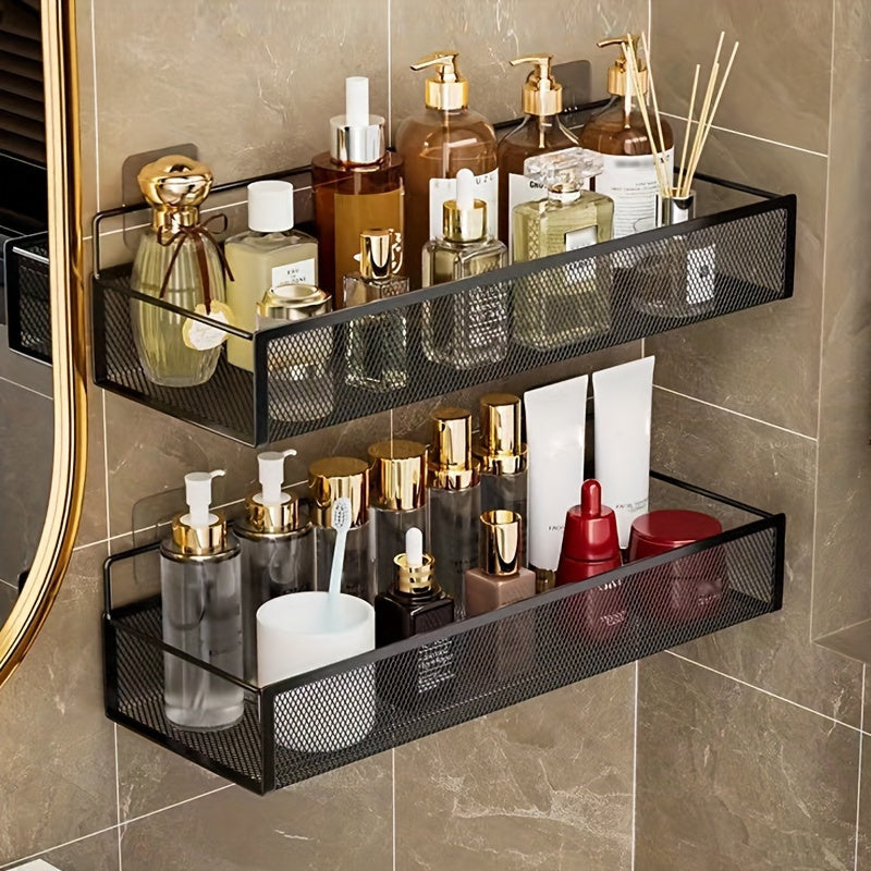 Wrought Iron Bathroom Storage Basket, Wall-Mounted Self-Adhesive Toothbrush Holder, Cosmetic &amp; Condiment Shower Shelves, Kitchen &amp; Bathroom Decorative Accessories/ BLACK