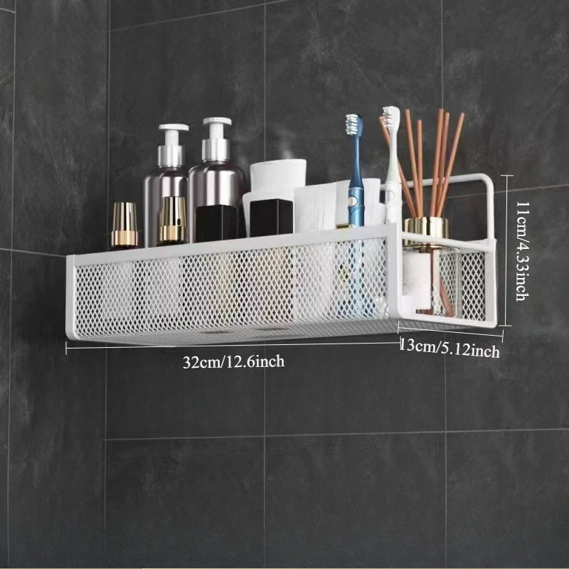 Wrought Iron Bathroom Storage Basket, Wall-Mounted Self-Adhesive Toothbrush Holder, Cosmetic & Condiment Shower Shelves, Kitchen & Bathroom Decorative Accessories/ BLACK