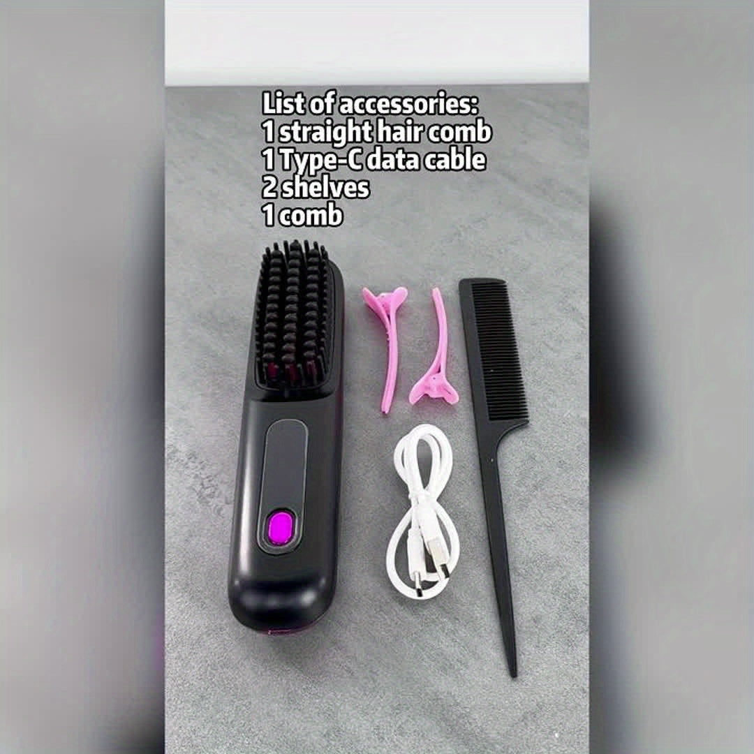 Cordless Hair Straightener Brush: Dual 2000mAh batteries for long-lasting power, fast heating, creates smooth styles anytime, anywhere.(Black)