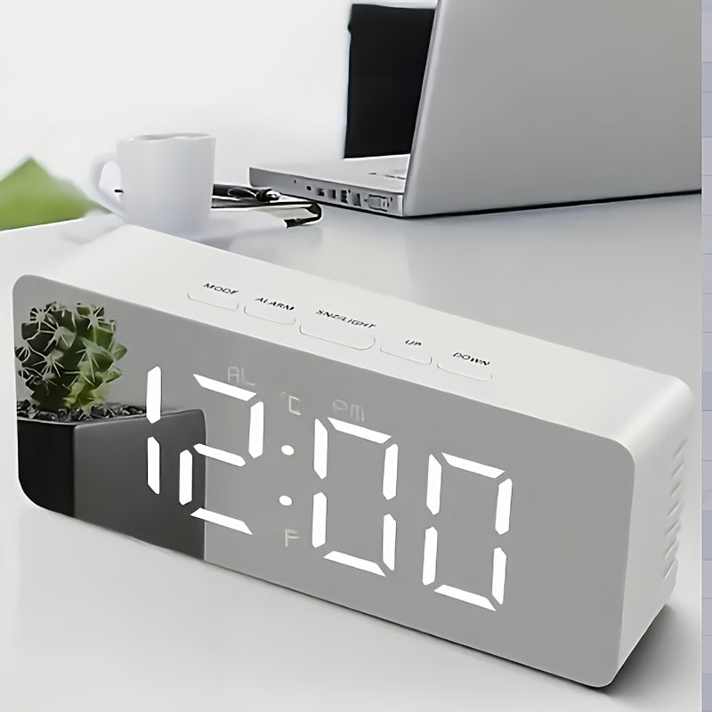 LED Mirror Desk Clock with Snooze Function &amp; Temperature Display Digital Alarm Clock, Large LED Display Mirror Clock with Snooze, Adjustable Brightness, Suitable for Home Bedroom Living Room Office Travel (White)
