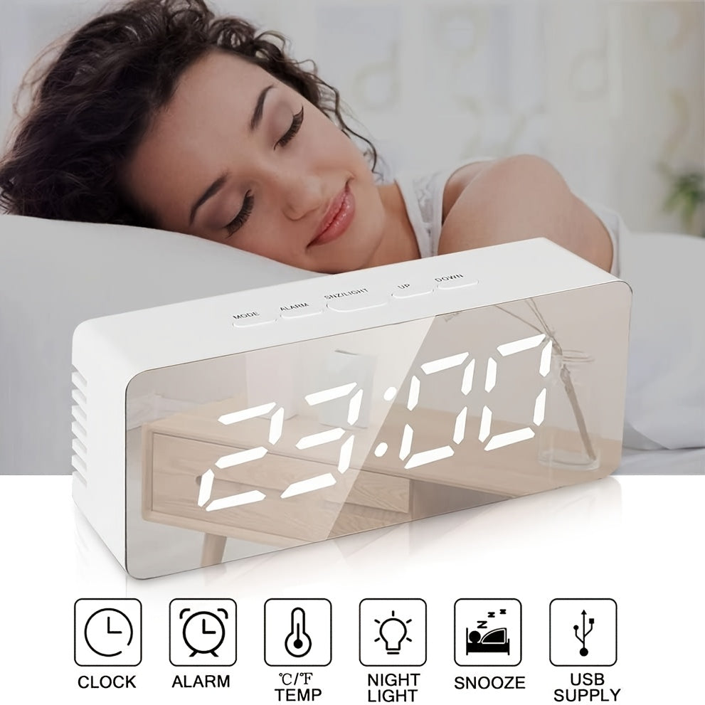 LED Mirror Desk Clock with Snooze Function & Temperature Display Digital Alarm Clock, Large LED Display Mirror Clock with Snooze, Adjustable Brightness, Suitable for Home Bedroom Living Room Office Travel (White)