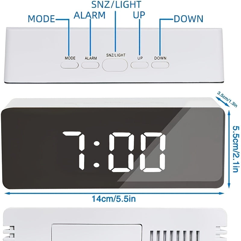 LED Mirror Desk Clock with Snooze Function & Temperature Display Digital Alarm Clock, Large LED Display Mirror Clock with Snooze, Adjustable Brightness, Suitable for Home Bedroom Living Room Office Travel (White)