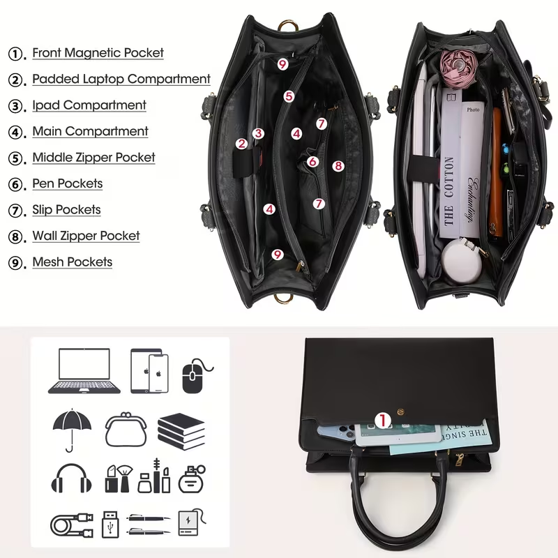 15.6-inch Laptop Tote Bag for Women, Large Capacity Faux Leather Work Tote, Waterproof Business Office Computer Bag, Ladies Travel Handbag & Shoulder Bag.