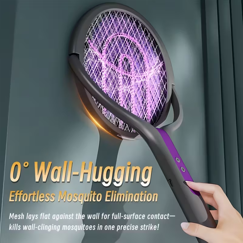 2-in-1 foldable and extendable electric mosquito swatter and purple insect lamp rechargeable fly swatter - USB-powered extendable pole, suitable for indoor, office, backyard, camping - portable mosquito killer, modern aesthetics, durable structure
