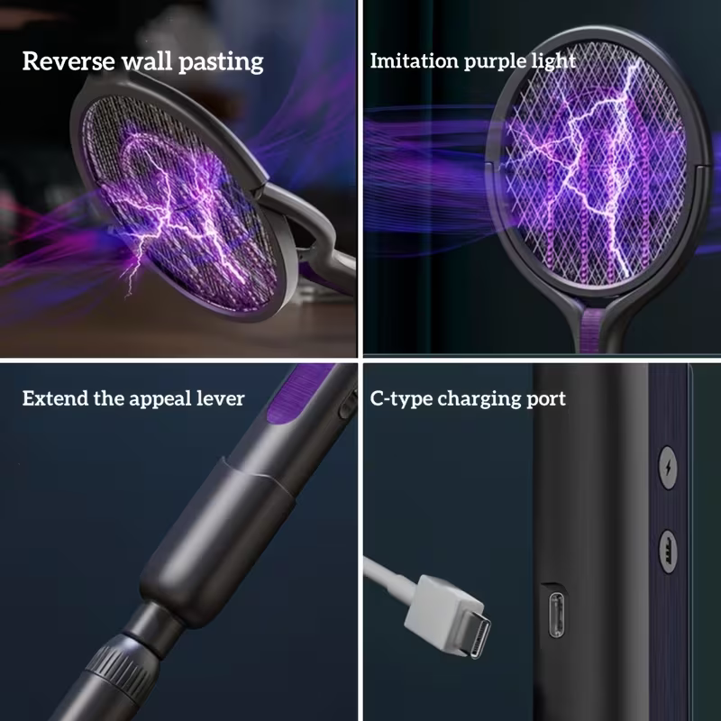 2-in-1 foldable and extendable electric mosquito swatter and purple insect lamp rechargeable fly swatter - USB-powered extendable pole, suitable for indoor, office, backyard, camping - portable mosquito killer, modern aesthetics, durable structure