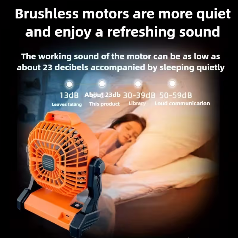 A portable outdoor camping fan with adjustable brightness, LED light strip hook, USB rechargeable, built-in 7800mAh battery for long battery life, 270° adjustable outdoor cooling fan, stepless speed change, silent, suitable for camping, terraces, pets, an