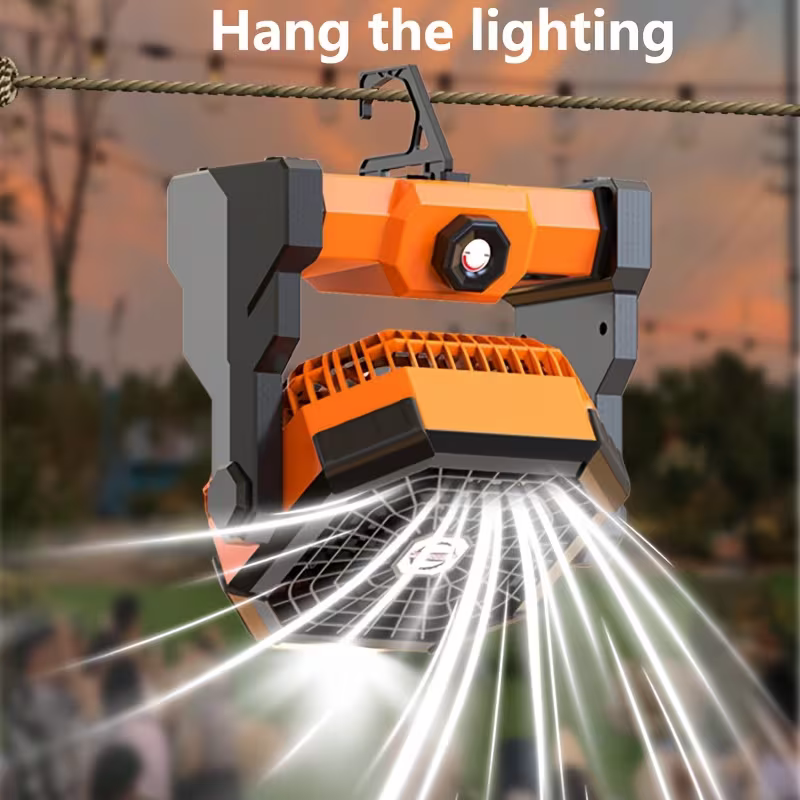 A portable outdoor camping fan with adjustable brightness, LED light strip hook, USB rechargeable, built-in 7800mAh battery for long battery life, 270° adjustable outdoor cooling fan, stepless speed change, silent, suitable for camping, terraces, pets, an