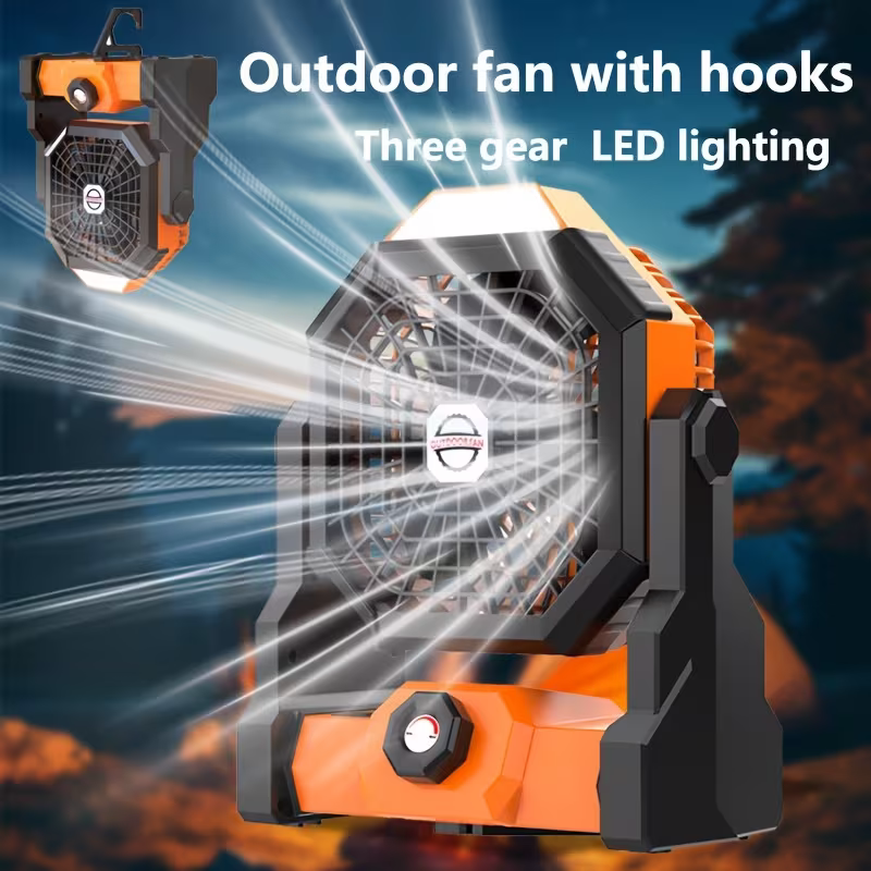 A portable outdoor camping fan with adjustable brightness, LED light strip hook, USB rechargeable, built-in 7800mAh battery for long battery life, 270° adjustable outdoor cooling fan, stepless speed change, silent, suitable for camping, terraces, pets, an