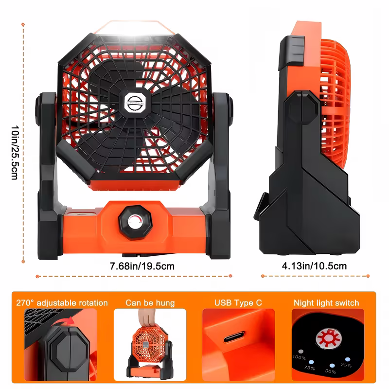 A portable outdoor camping fan with adjustable brightness, LED light strip hook, USB rechargeable, built-in 7800mAh battery for long battery life, 270° adjustable outdoor cooling fan, stepless speed change, silent, suitable for camping, terraces, pets, an