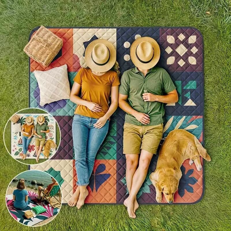 Extra-large 198.12x198.12 cm foldable picnic mat with portable rope. Soft padding design, floral and fruit prints, durable polyester material, perfect for beaches, parks, camping and travel - hand wash only, embossed PU-coated Oxford fabric.