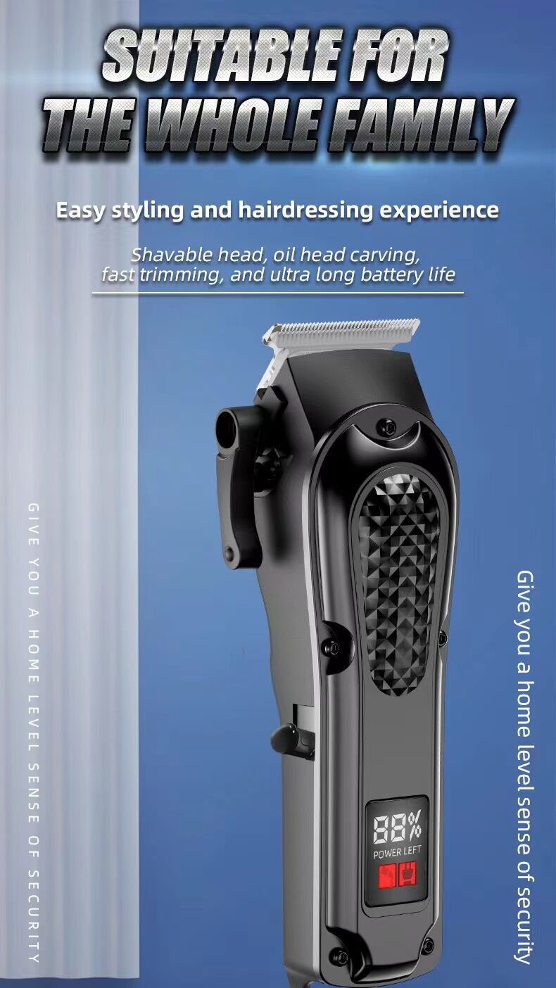 electric hair clipper two-piece set features a trendy and convenient design to meet the needs of family haircuts.   It is safe and easy to operate, providing powerful and precise trimming for styling, beard and sideburns care.   It can easily create an el