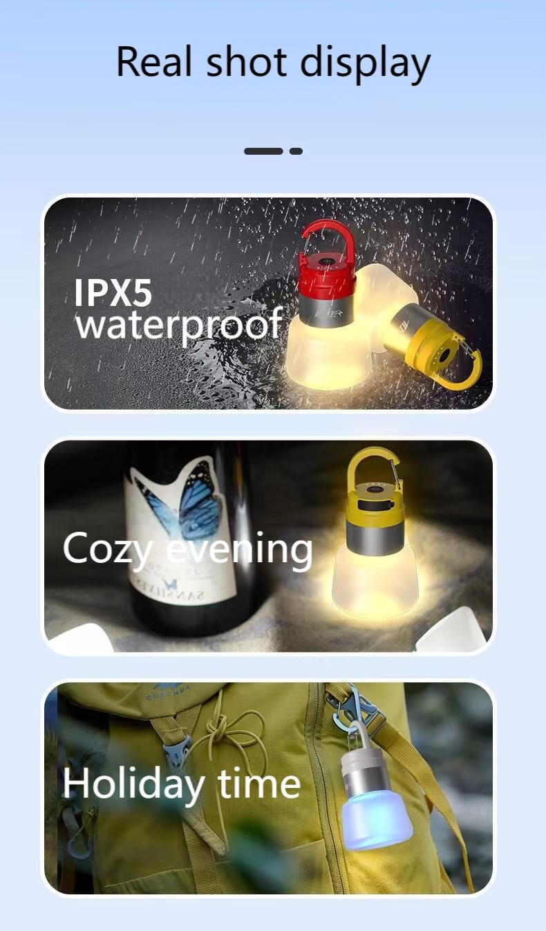 Two random color (green - yellow - white - red) outdoor camping lights, convenient for hiking, multi-scenario water bottle lights, ambient lights, suspended hanging lights with focused light