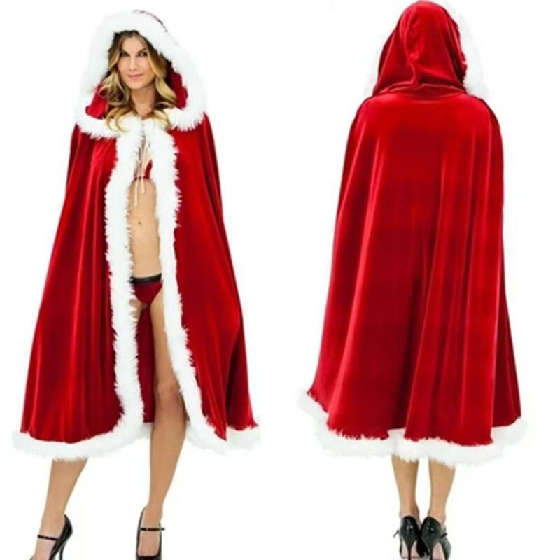 Ladies' elegant hooded cape robe (150cm long)- Long winter coat, long plush fur collar, red - autumn/winter non-elastic fabric, hand-washable casual coat, red and decorated, front cover