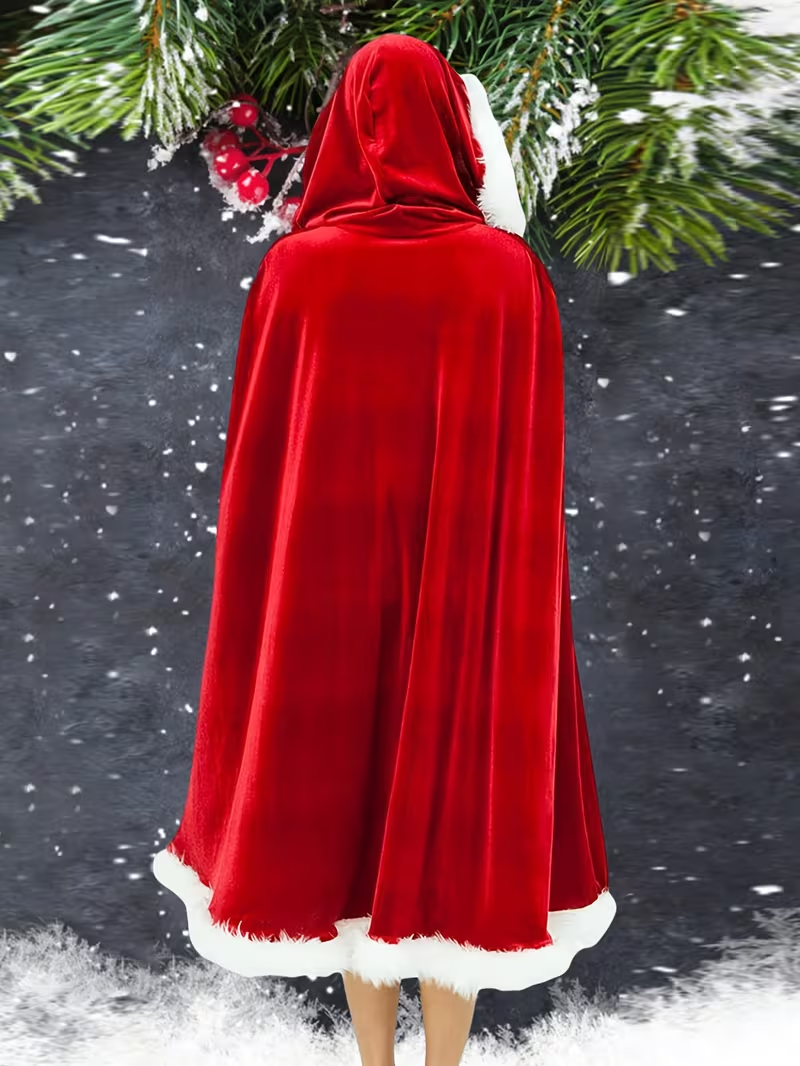 Ladies' elegant hooded cape robe (150cm long)- Long winter coat, long plush fur collar, red - autumn/winter non-elastic fabric, hand-washable casual coat, red and decorated, front cover