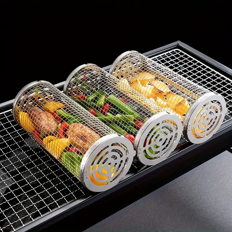 2-Pack Stainless Steel Rotating Grill Baskets with Removable Wooden Handle – Durable 304 Mesh for Veggies, Prawns & More – Perfect for BBQ, Camping & Outdoor Cooking, Great Gift for Dad or Husband