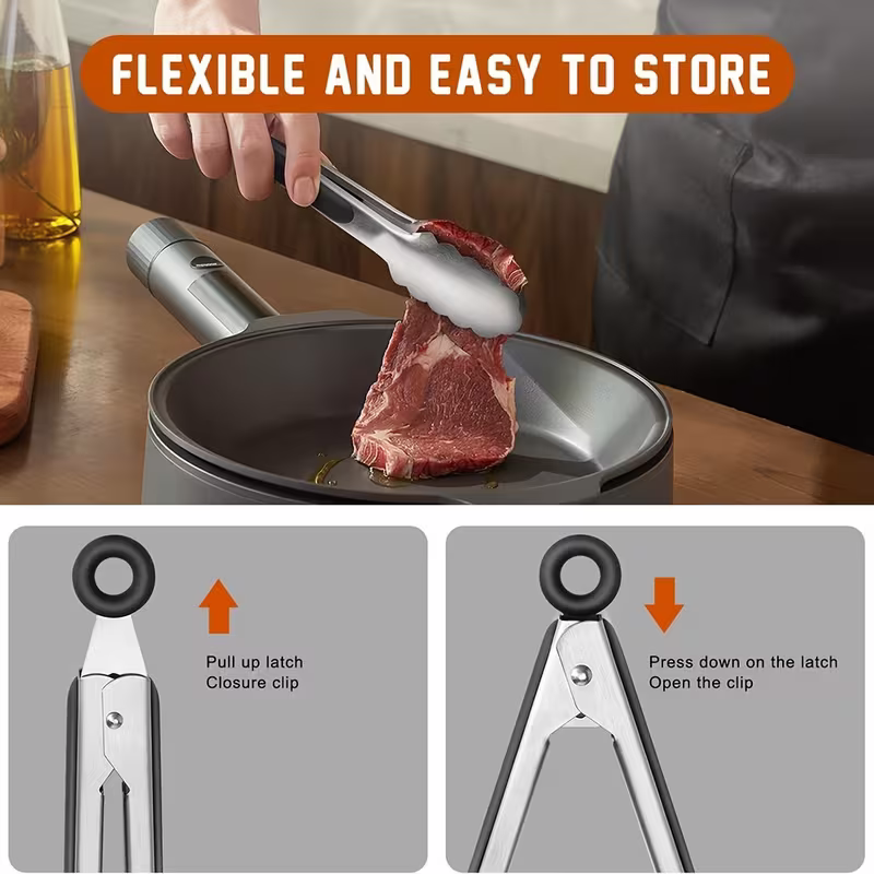 Stainless steel kitchen tongs set (2 pieces), silicone anti-slip handle, lockable barbecue food tongs, 22.86cm & 30.48cm, barbecue cooking tools