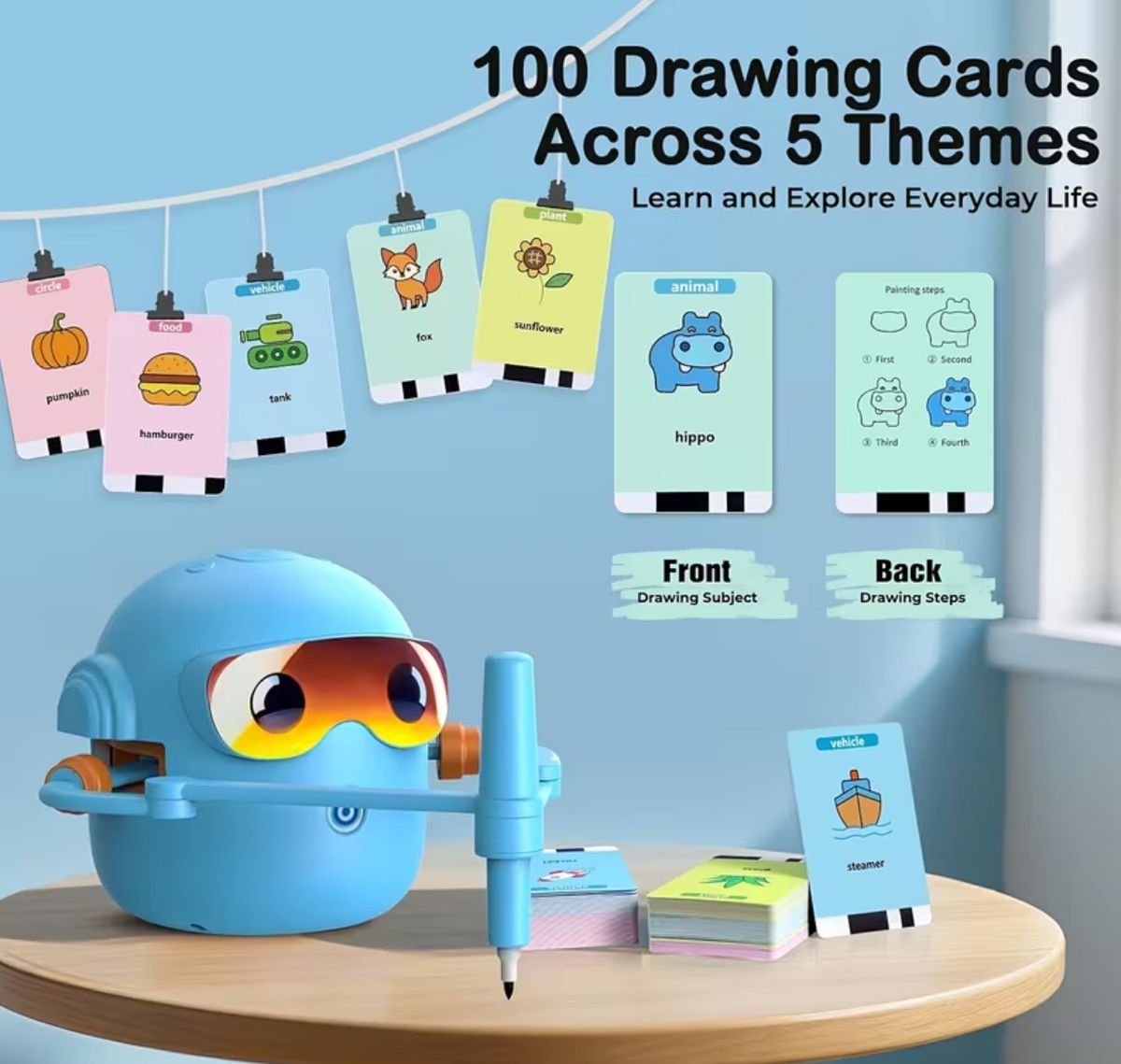 Smart Children's Drawing Robot, an automatic drawing robot toy and interactive educational painting machine. This intelligent robot is a fun educational toy, equipped with 100 cards, suitable for boys and girls aged 3 and above. It makes a perfect gift fo