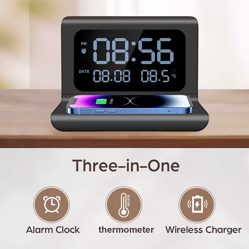 3-in-1 wireless charger, time and temperature display, bedroom desk alarm clock, iPhone 16 15 14 13 12 11 Pro Max/Mini/Plus/XR/X/8 AirPods 2/3/4/Pro/Pro 2 charging dock AirPods 4/3 /Pro/2, compatible with Samsung S25/S23/S22/S21/S20/ Galaxy Buds