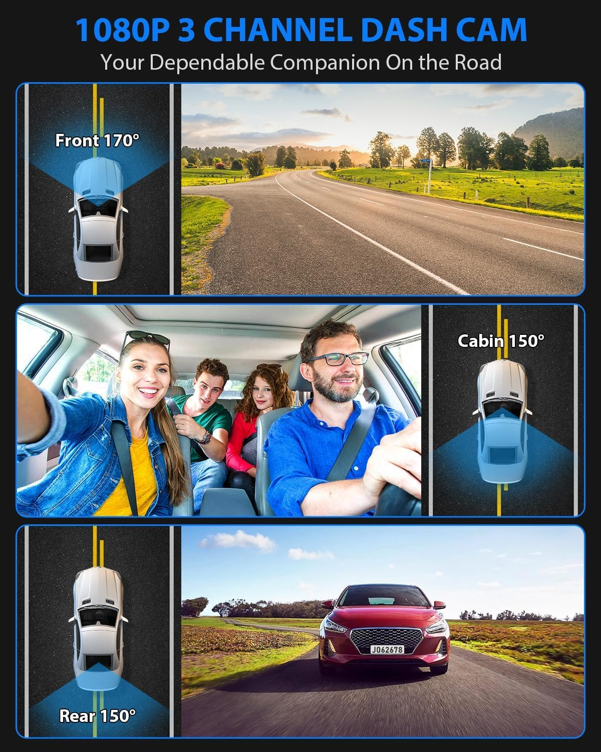 Three-camera dash cam C309, equipped with dual front cameras, an interior camera and a reversing camera - a dash cam for cars. Supports WIFI, loop recording, night vision, motion detection, parking monitoring - suitable for taxis, trucks, SUVs, sedans - c