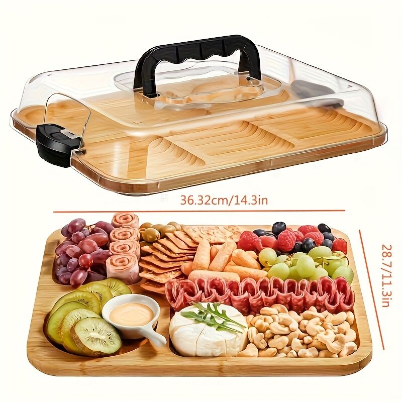 1pc Cheese Tray with Transparent Acrylic Lid - Portable Deli Platter for Camping, Parties, Restaurants | Holiday Appetizer, Deli and Snack Serving Tray, Back Can Be Used for Cutting Board, Party Snack Organizer, Safe Snapon Lid