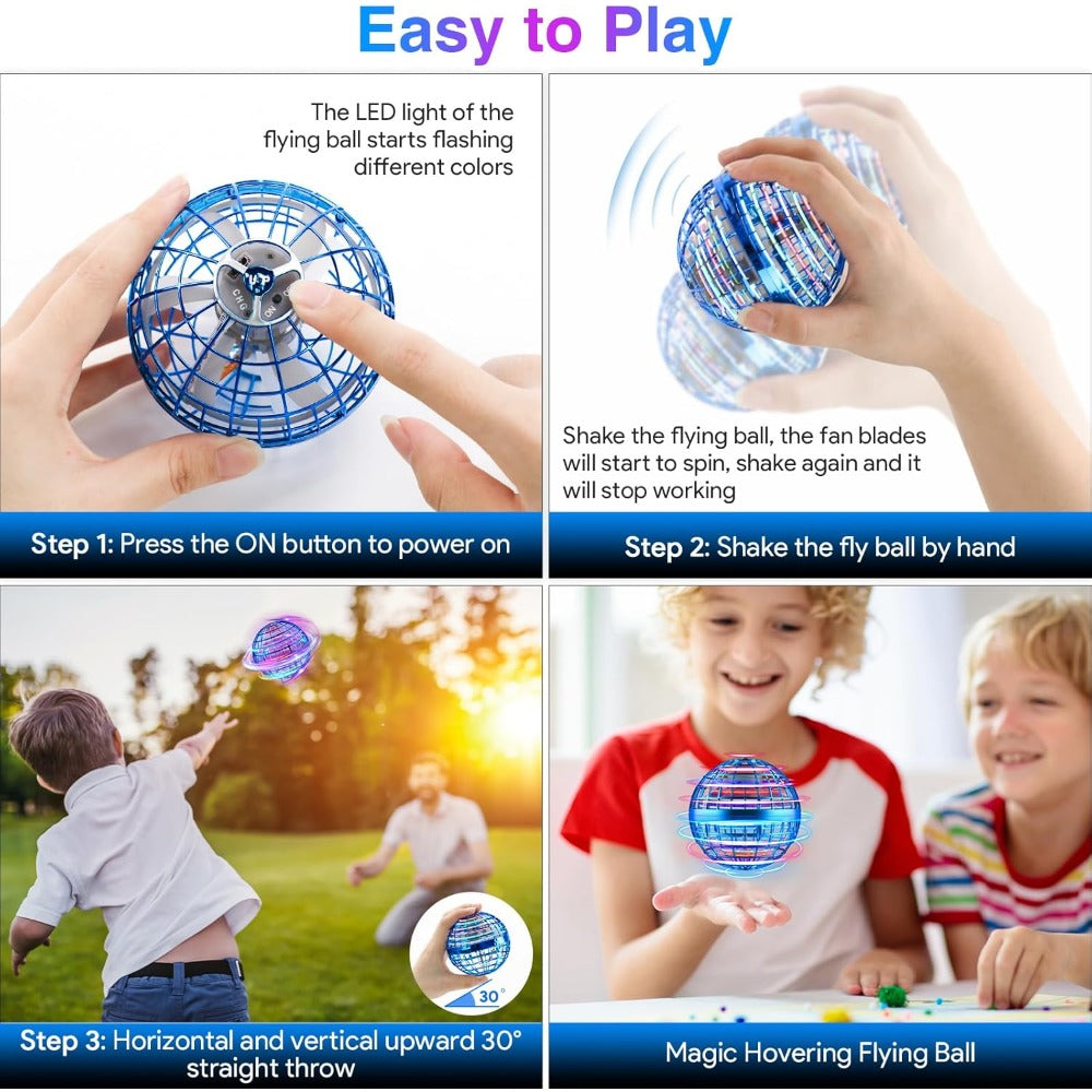 Flying Ball Toy – Hand-controlled Reaction Dart Rotating Drone with LED Lights, Floating Ball Finger Toy, Suitable for Children and Teenagers, Rechargeable Magic Ball, Indoor and Outdoor Play, Christmas and Birthday Gifts (Blue)