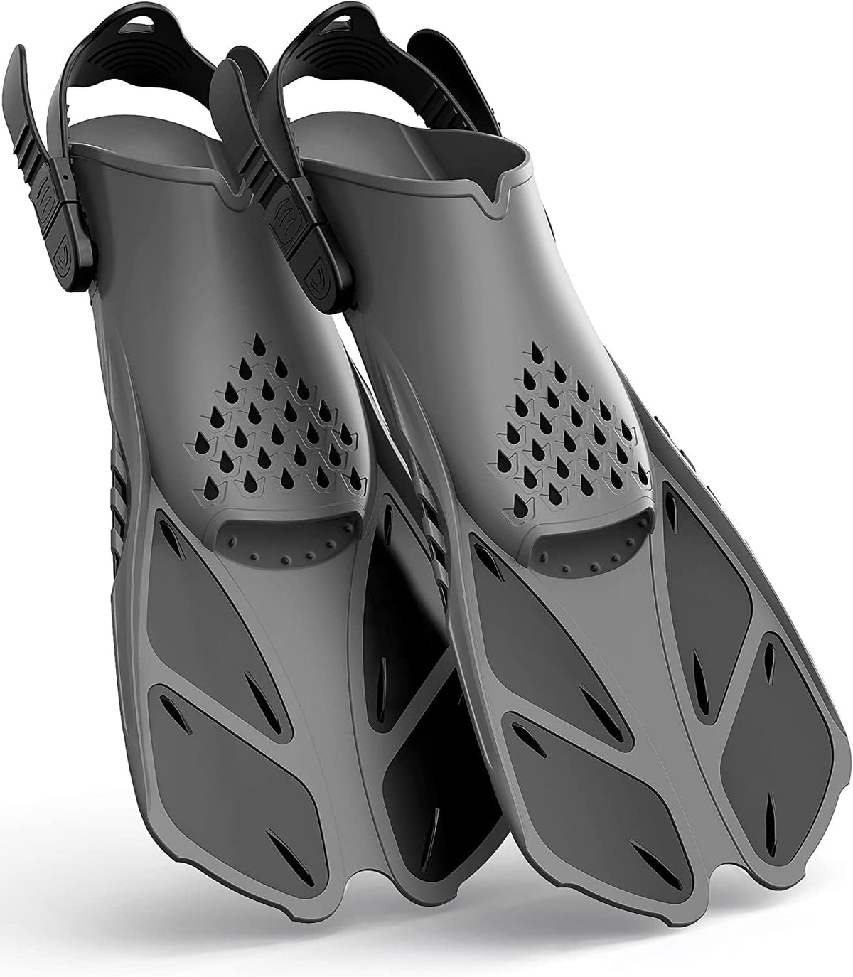 Gray Adjustable Open Heel Snorkel Fins, Travel-Size Short Swim Flippers for Snorkeling, Diving &amp; Swimming, Adult Men &amp; Women（S/M）