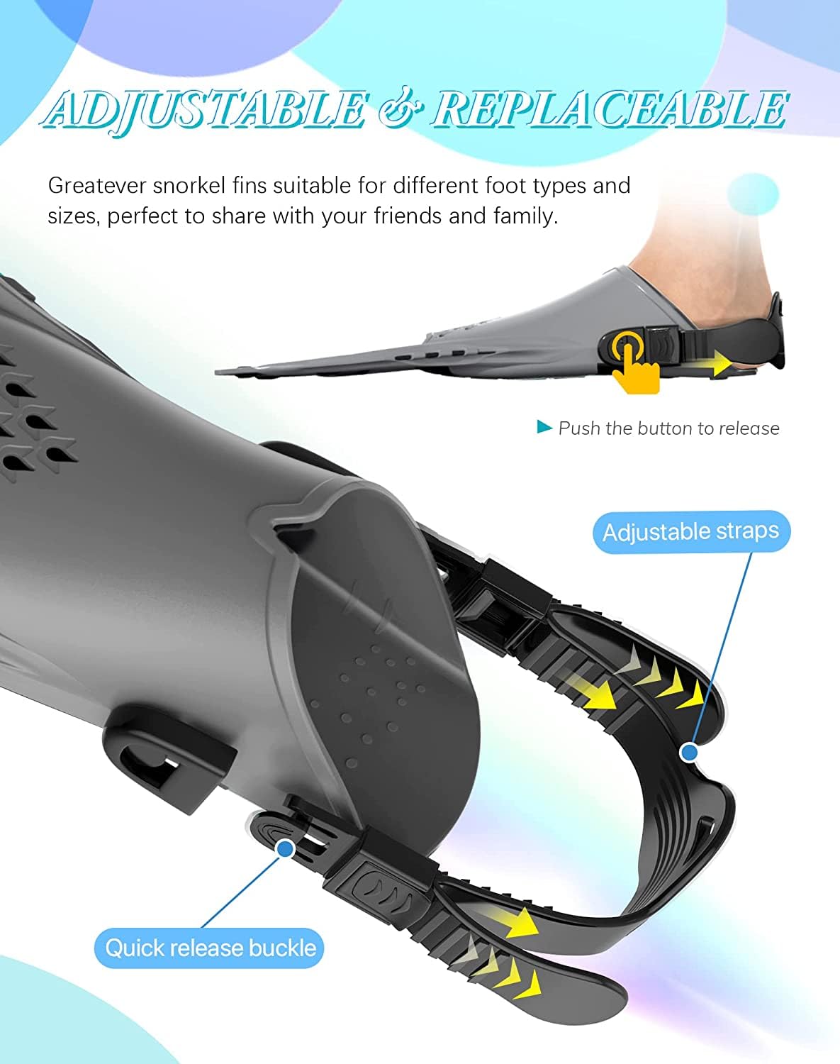 Gray Adjustable Open Heel Snorkel Fins, Travel-Size Short Swim Flippers for Snorkeling, Diving & Swimming, Adult Men & Women（S/M）