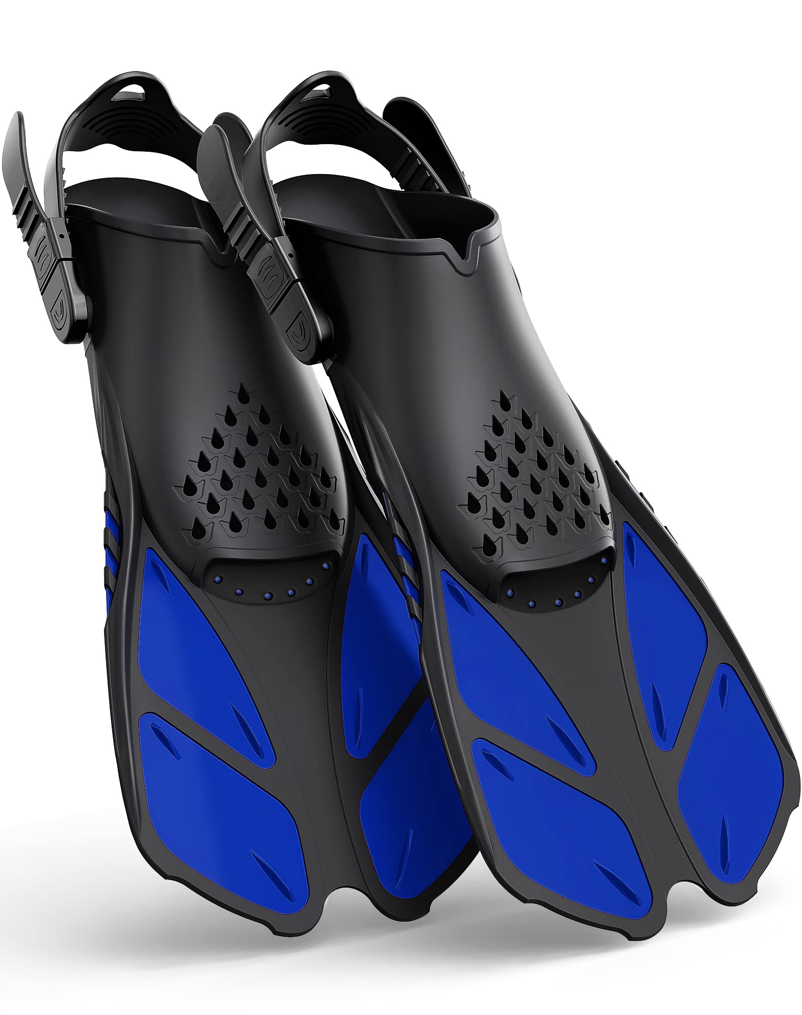 Blue Adjustable Open Heel Snorkel Fins, Travel-Size Short Swim Flippers for Snorkeling, Diving & Swimming, Adult Men & Women（L/XL）