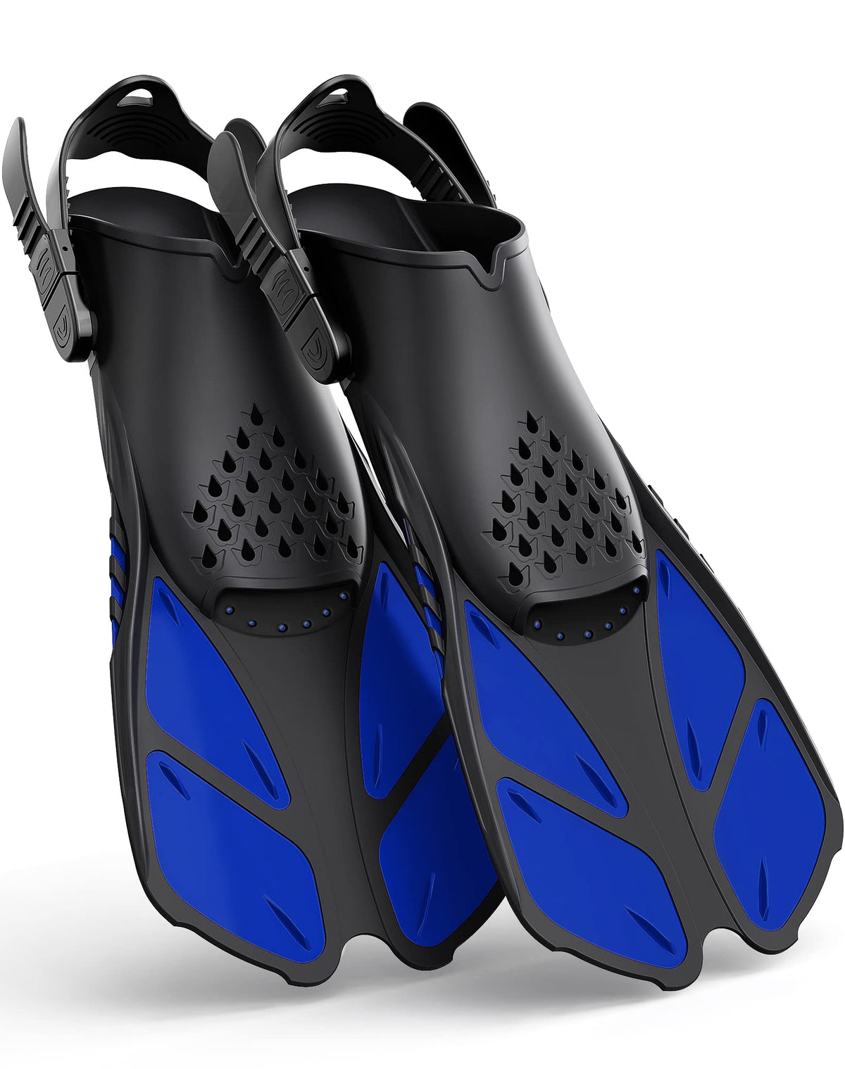 Blue Adjustable Open Heel Snorkel Fins, Travel-Size Short Swim Flippers for Snorkeling, Diving &amp; Swimming, Adult Men &amp; Women（S/M）