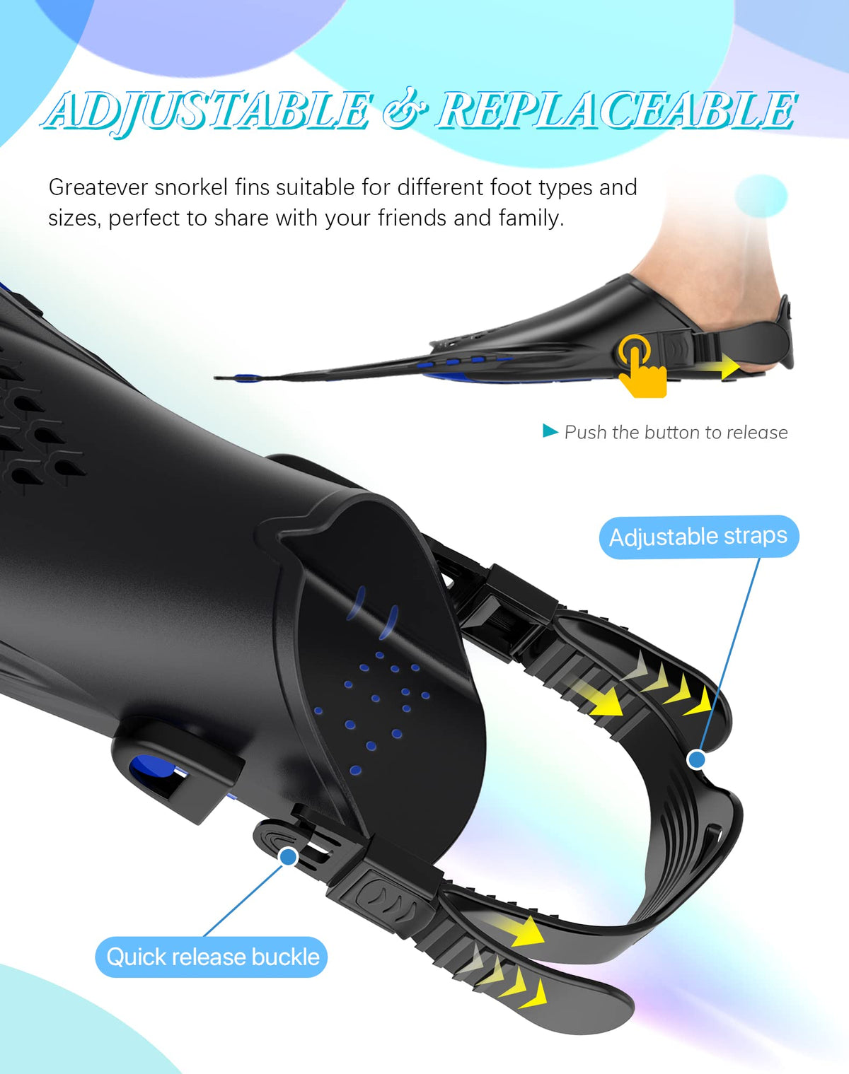 Blue Adjustable Open Heel Snorkel Fins, Travel-Size Short Swim Flippers for Snorkeling, Diving & Swimming, Adult Men & Women（S/M）