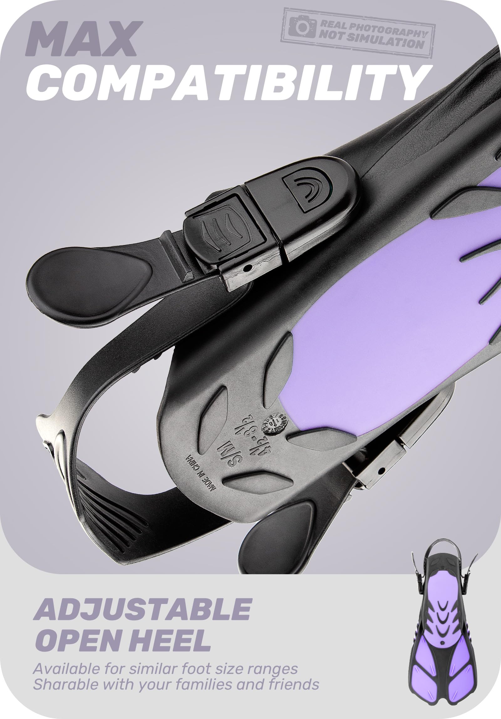 Purple Adjustable Open Heel Snorkel Fins, Travel-Size Short Swim Flippers for Snorkeling, Diving & Swimming, Adult Men & Women（L/XL）