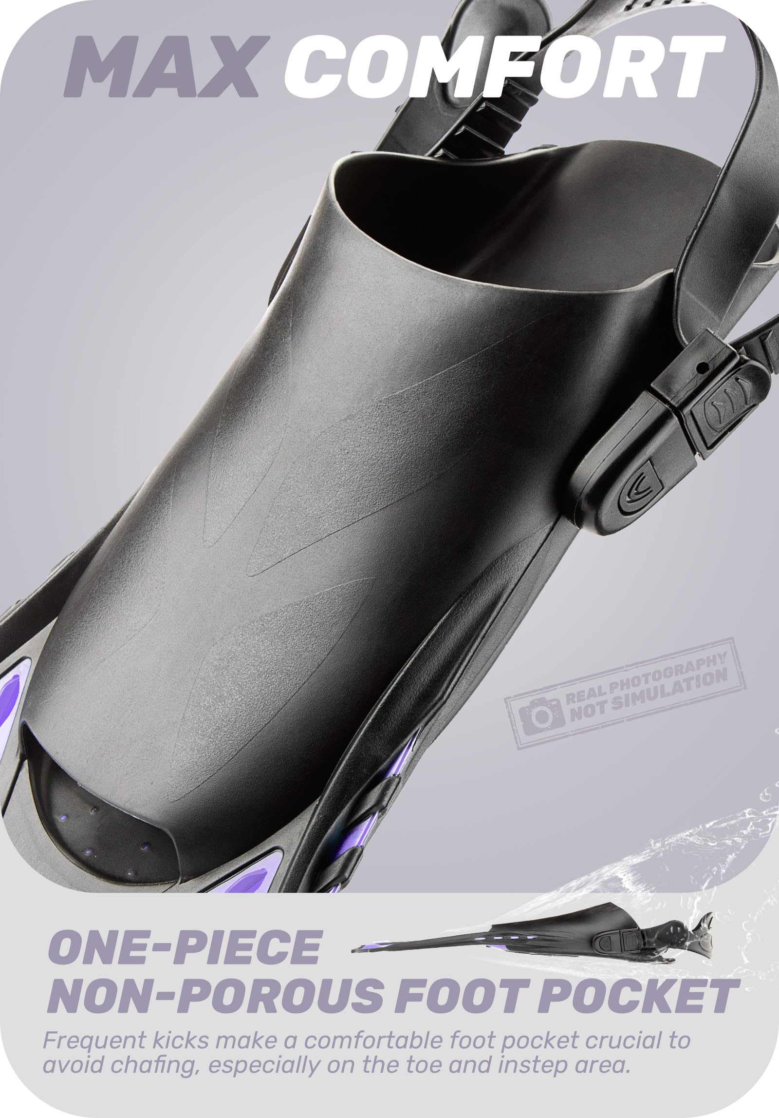 Purple Adjustable Open Heel Snorkel Fins, Travel-Size Short Swim Flippers for Snorkeling, Diving & Swimming, Adult Men & Women（L/XL）
