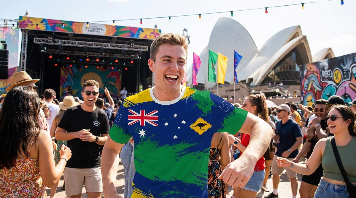 Australian Flag & Kangaroo Print Unisex O-Neck Short Sleeve T-Shirt Summer Breathable Cotton-Blend Streetwear Top（M）