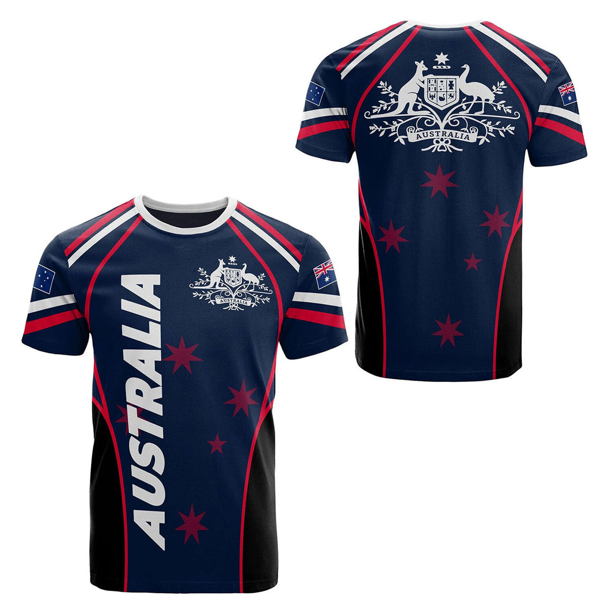 Australian National Emblem &amp; Flag Print Unisex O-Neck Short Sleeve T-Shirt Summer Breathable Cotton-Blend Streetwear Top（L）