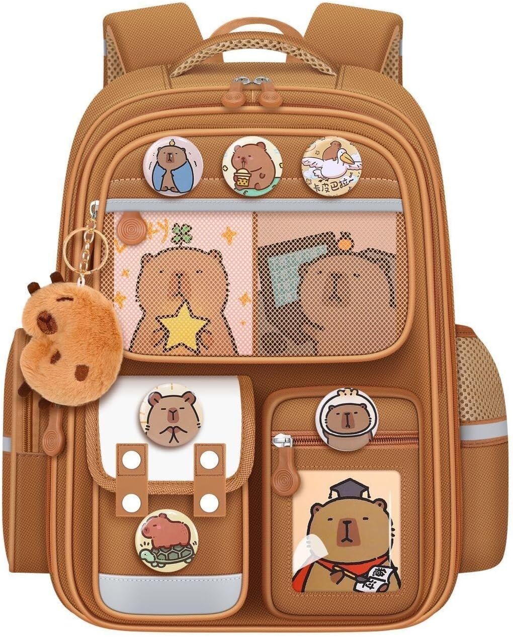 Cute Capybara Backpack with Chic Case and More Pins Ita Bag Cartoon Laptop Travel Utility Funny Going Out Casual Bag(Khaki)